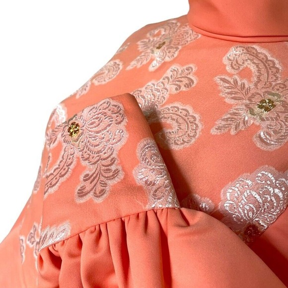 Vintage 60s 70s Peach Orange Maxi Dress Long Puff Sleeve Embroidered Floral Gown - Picture 3 of 6